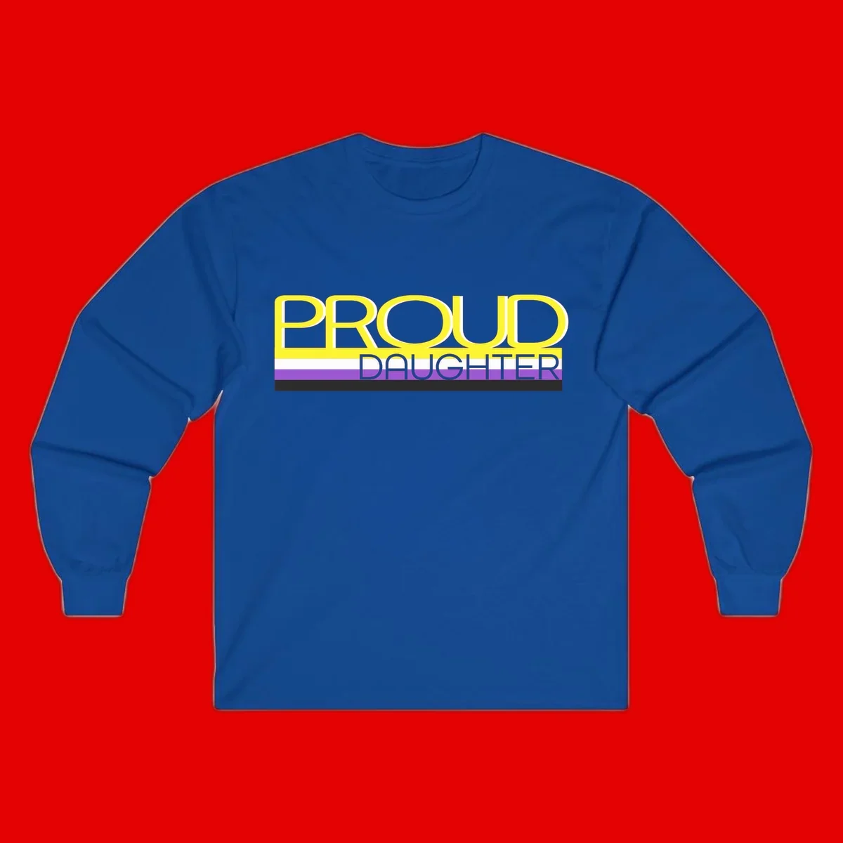 Proud daughter pride flag design with yellow text and lesbian pride stripes in yellow, white, and purple horizontal bands