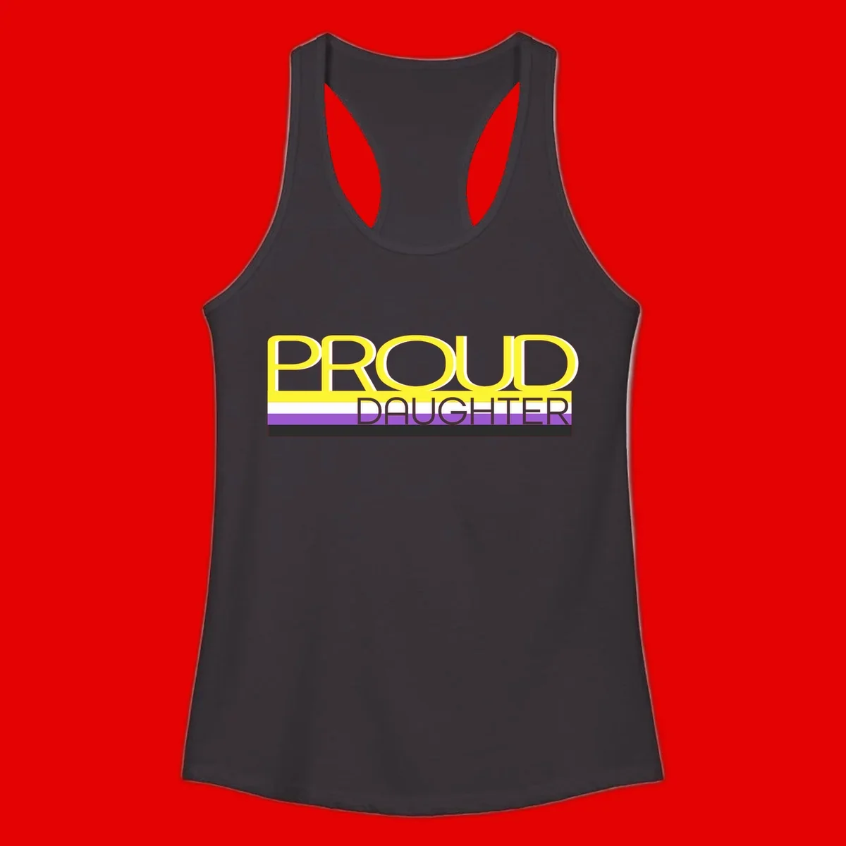 Proud daughter pride flag design with yellow text and lesbian pride stripes in yellow, white, and purple horizontal bands
