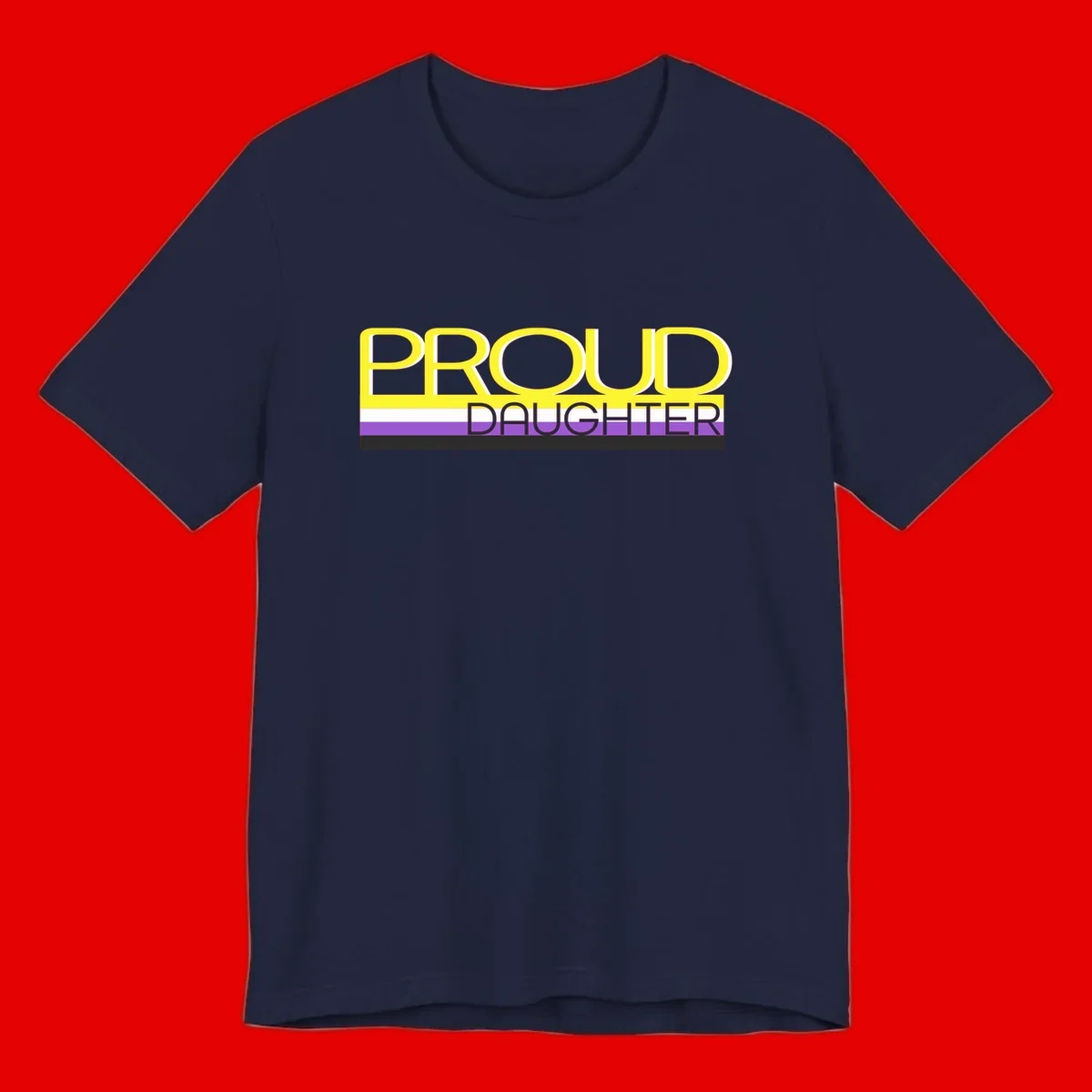 Proud daughter pride flag design with yellow text and lesbian pride stripes in yellow, white, and purple horizontal bands