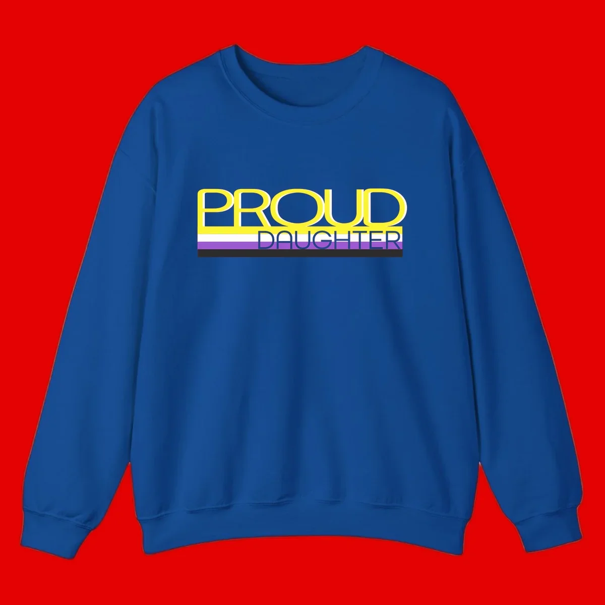 Proud daughter pride flag design with yellow text and lesbian pride stripes in yellow, white, and purple horizontal bands