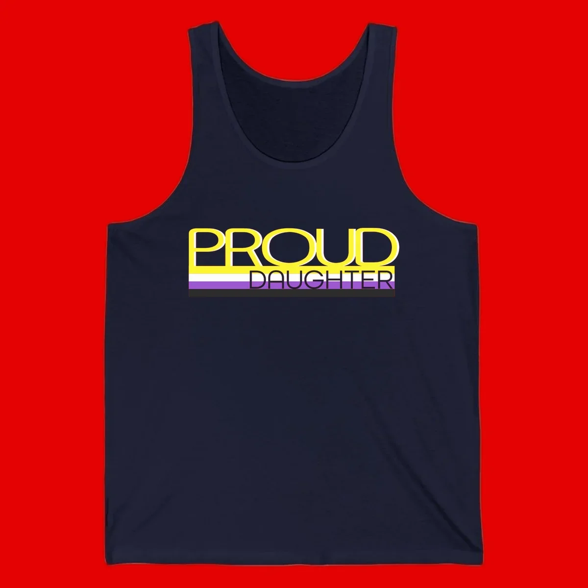 Proud daughter pride flag design with yellow text and lesbian pride stripes in yellow, white, and purple horizontal bands