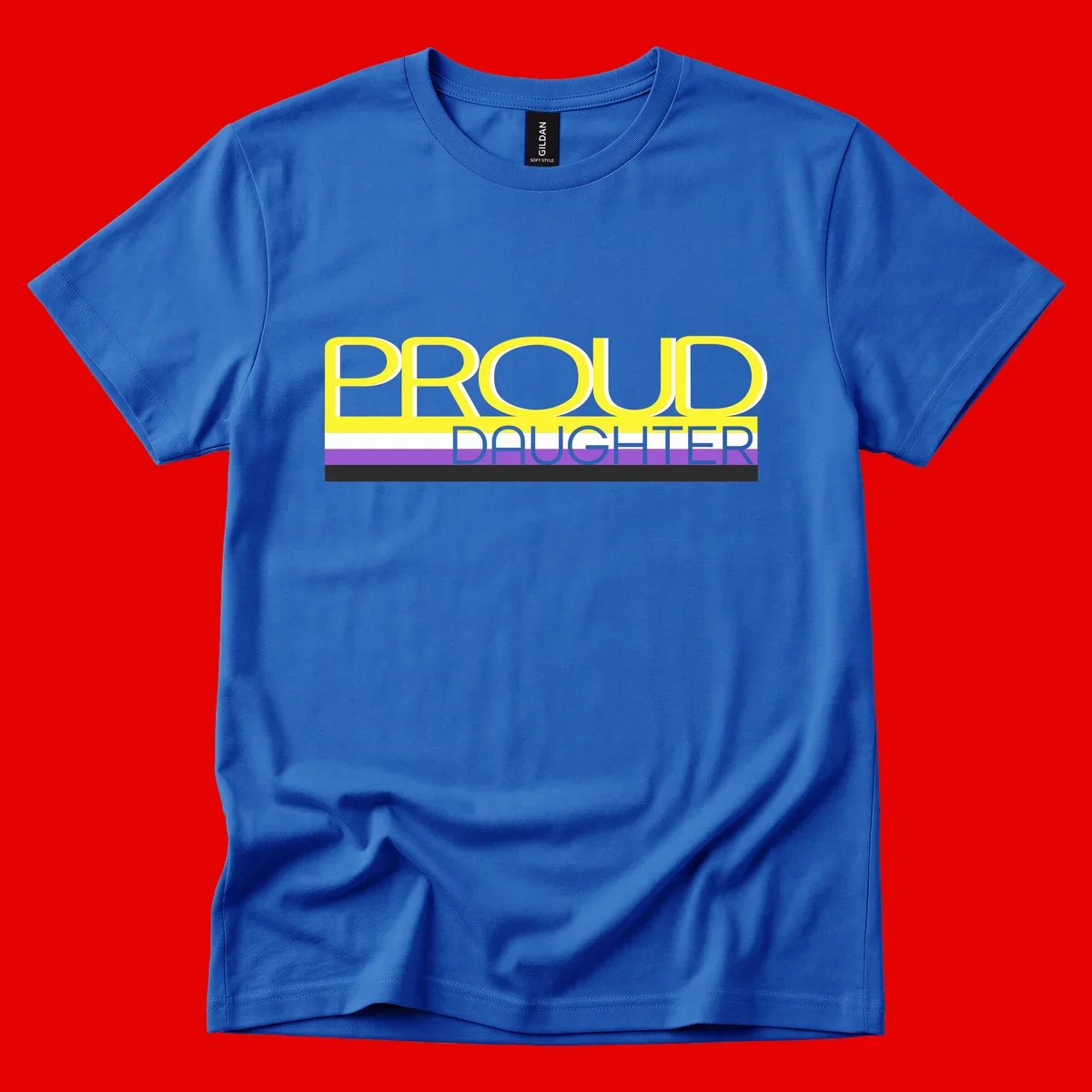 Proud daughter pride flag design with yellow text and lesbian pride stripes in yellow, white, and purple horizontal bands