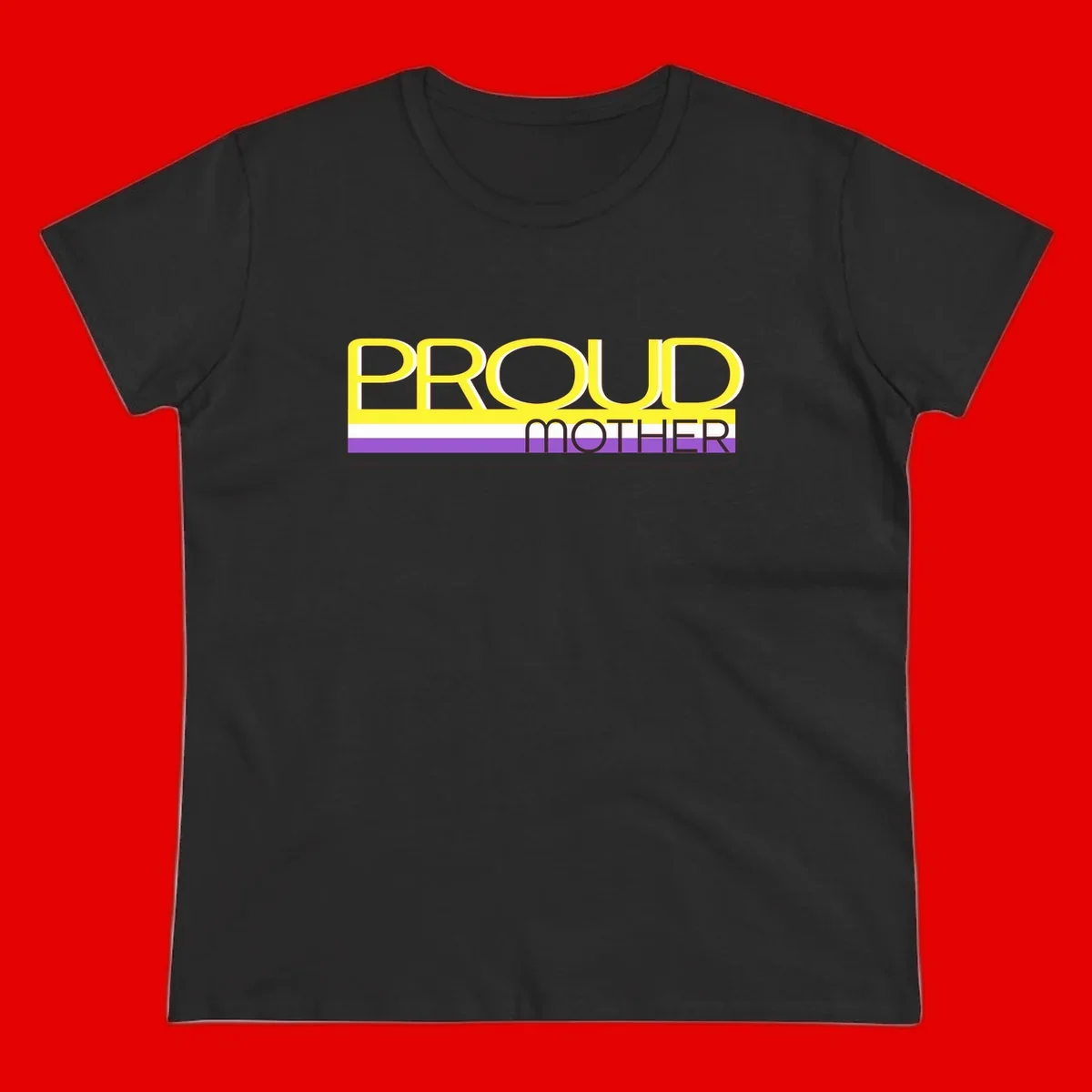 Bold yellow 'PROUD MOTHER' text with purple, white, and black horizontal pride stripes below on gray background