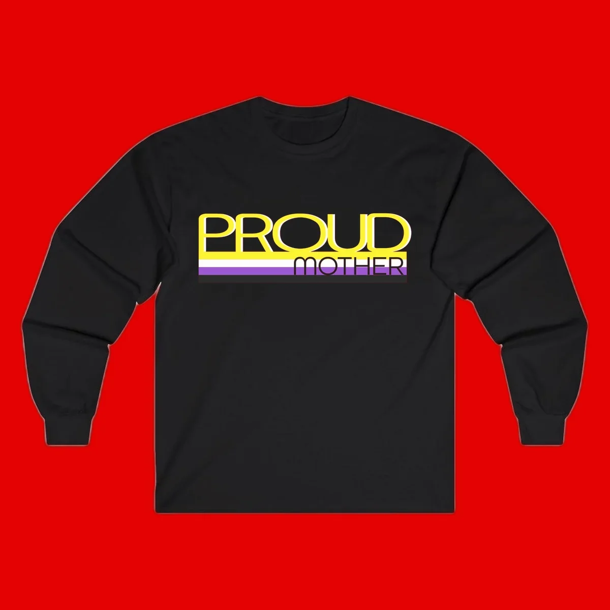 Bold yellow 'PROUD MOTHER' text with purple, white, and black horizontal pride stripes below on gray background