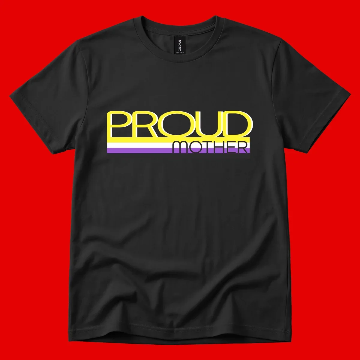 Bold yellow 'PROUD MOTHER' text with purple, white, and black horizontal pride stripes below on gray background