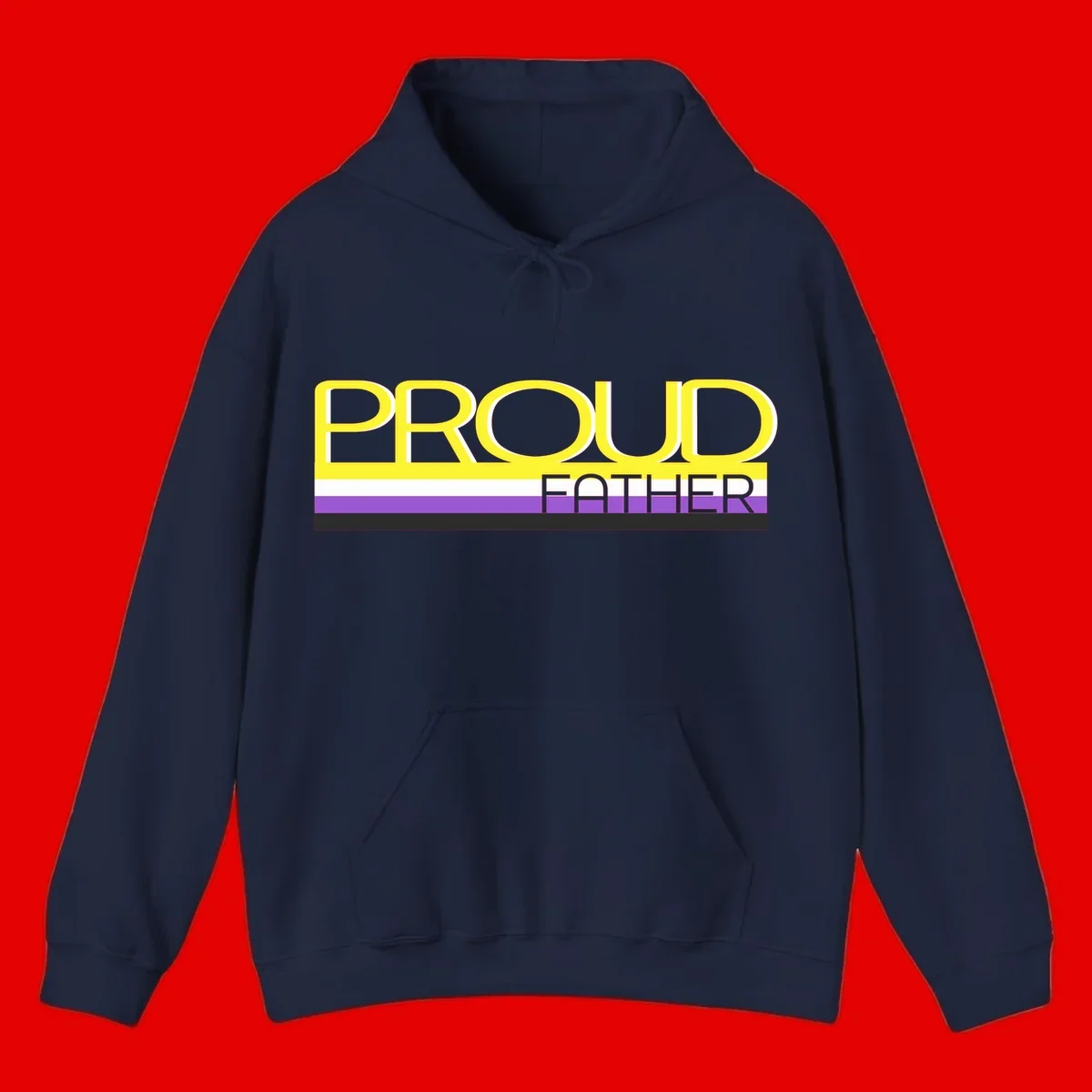 Yellow and gray text reading 'PROUD FATHER' separated by purple, white, and black horizontal pride flag stripes on gray background