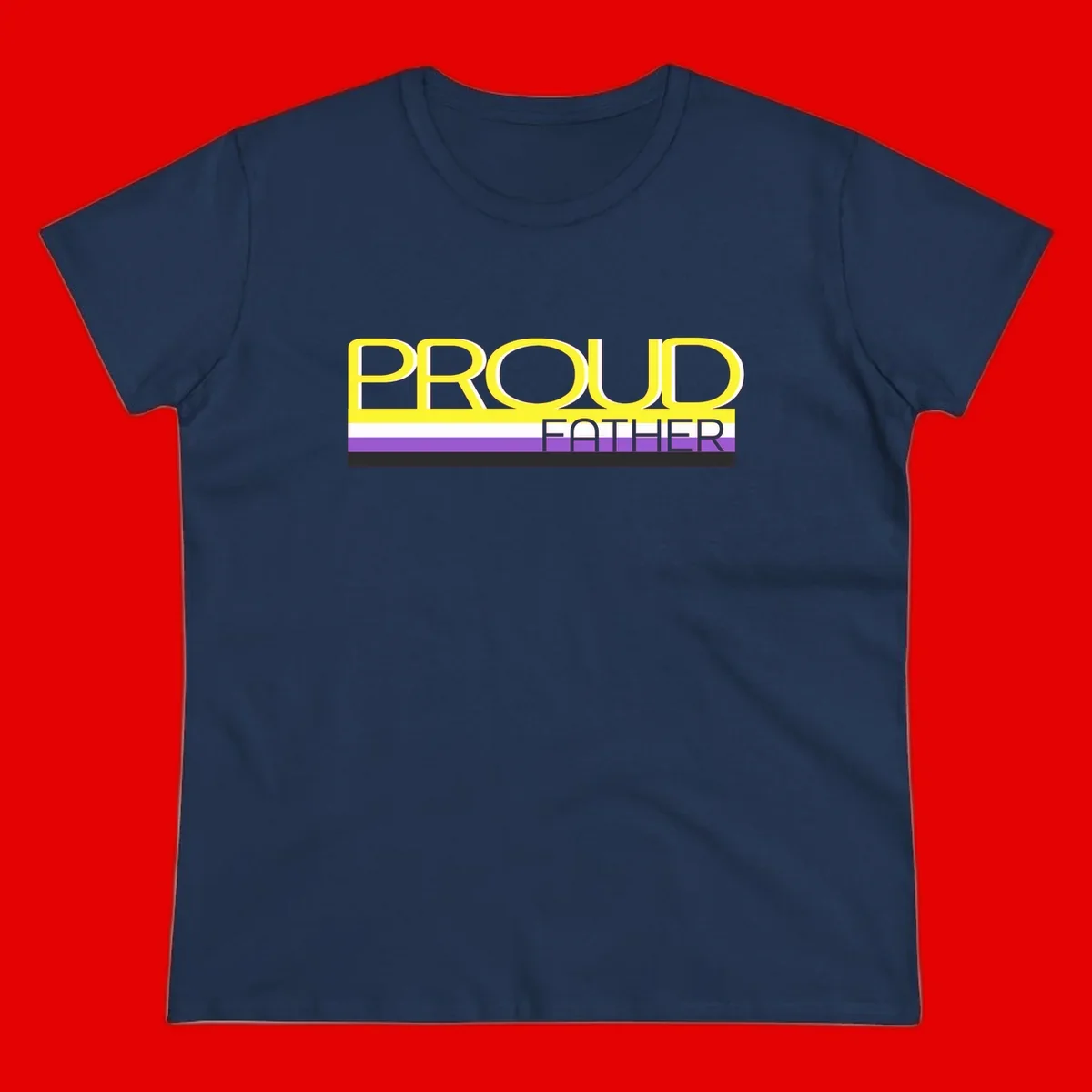 Yellow and gray text reading 'PROUD FATHER' separated by purple, white, and black horizontal pride flag stripes on gray background
