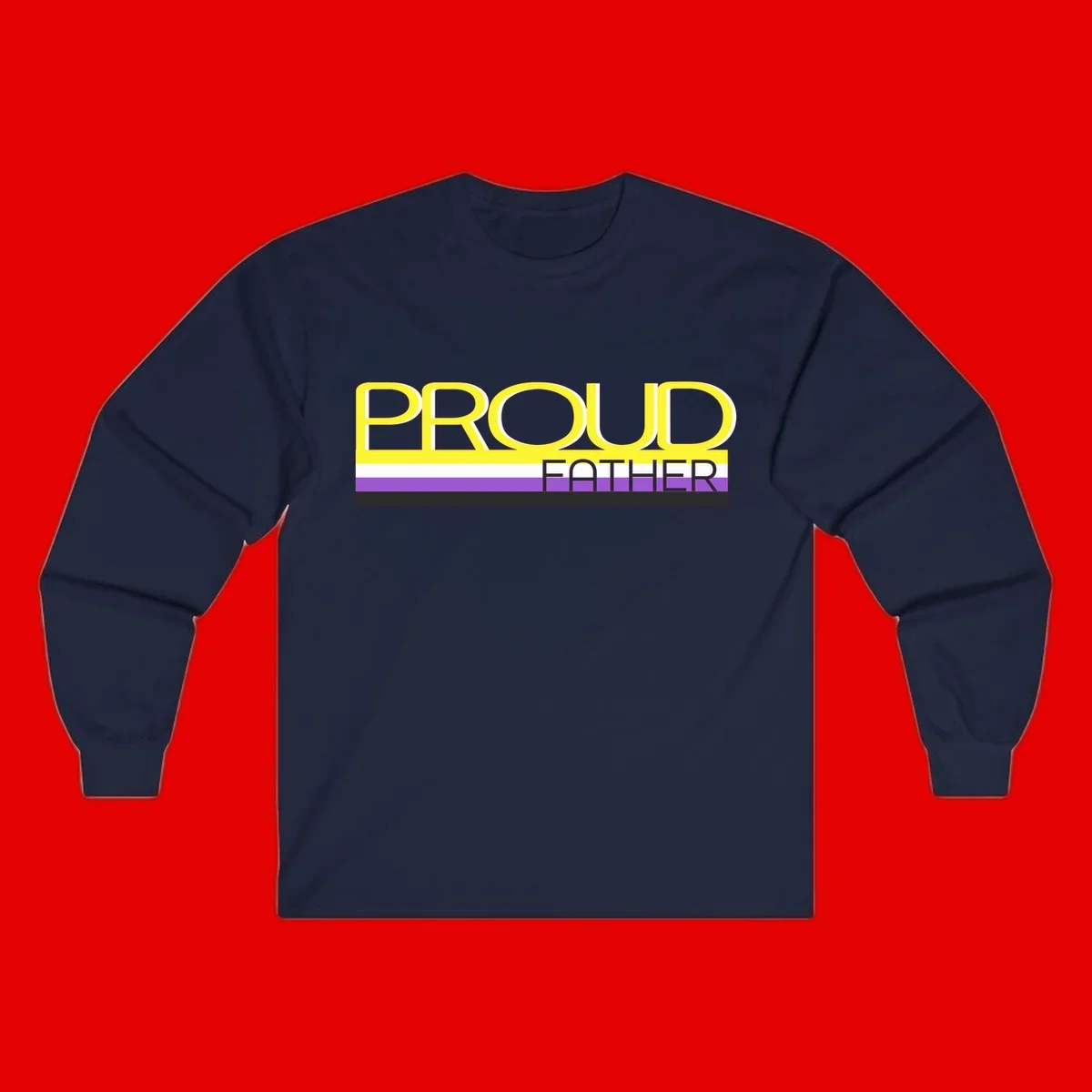 Yellow and gray text reading 'PROUD FATHER' separated by purple, white, and black horizontal pride flag stripes on gray background