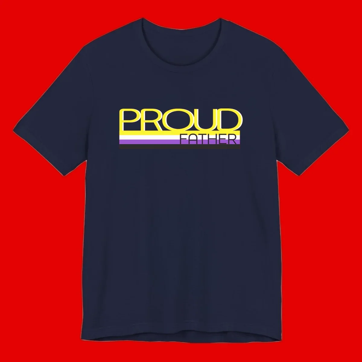 Yellow and gray text reading 'PROUD FATHER' separated by purple, white, and black horizontal pride flag stripes on gray background