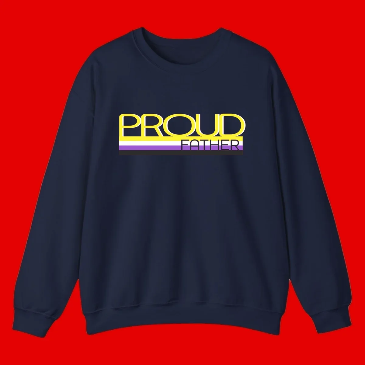 Yellow and gray text reading 'PROUD FATHER' separated by purple, white, and black horizontal pride flag stripes on gray background