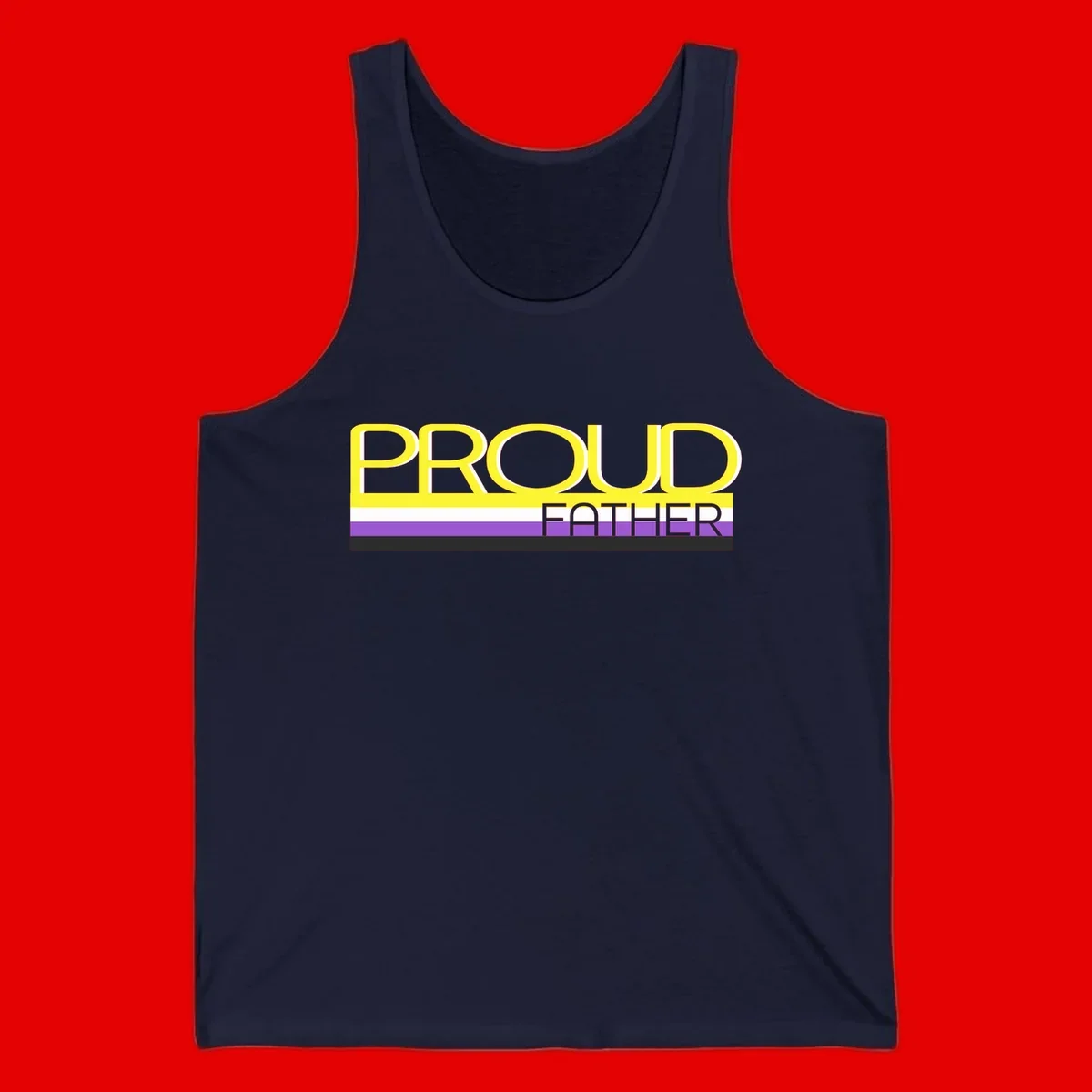 Yellow and gray text reading 'PROUD FATHER' separated by purple, white, and black horizontal pride flag stripes on gray background