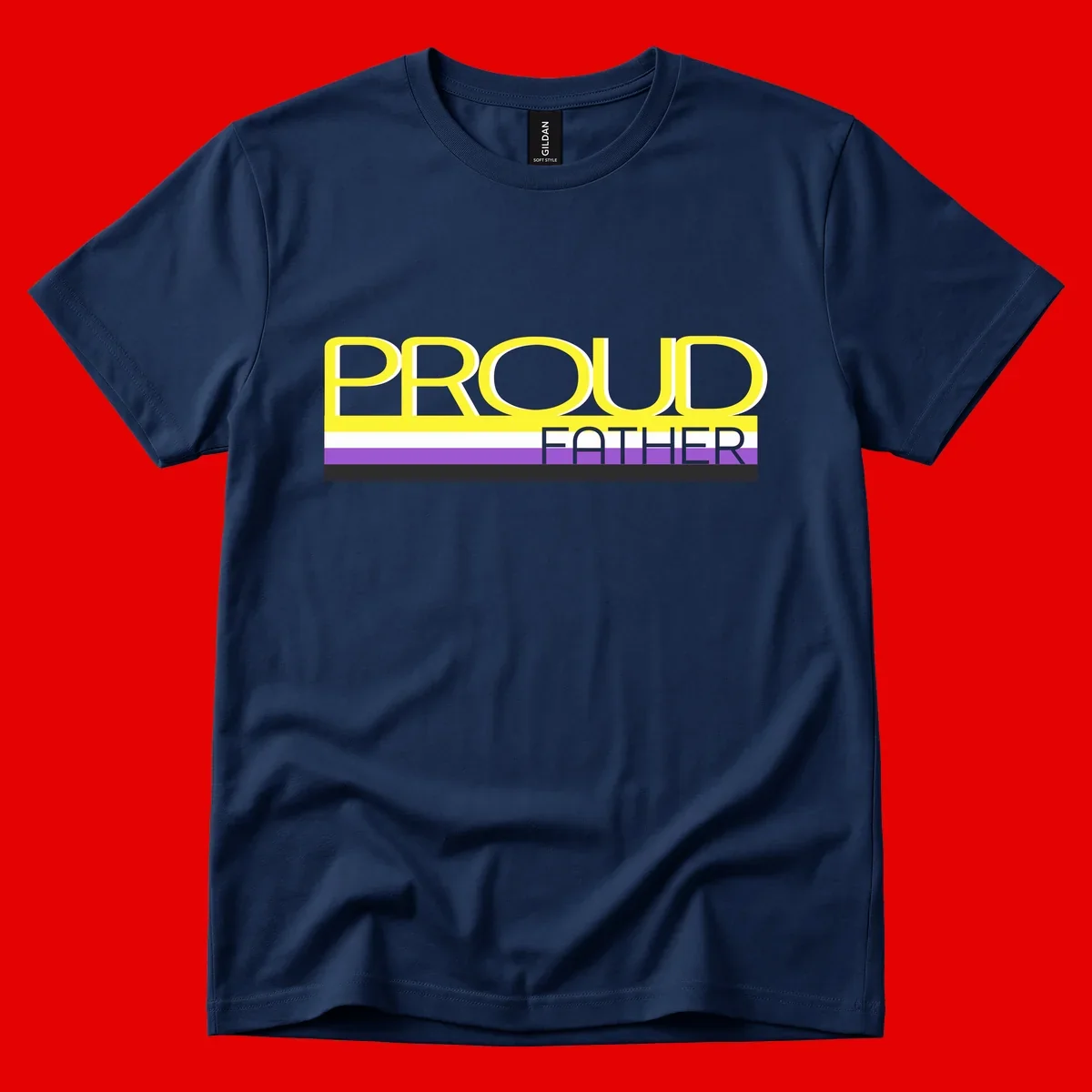 Yellow and gray text reading 'PROUD FATHER' separated by purple, white, and black horizontal pride flag stripes on gray background