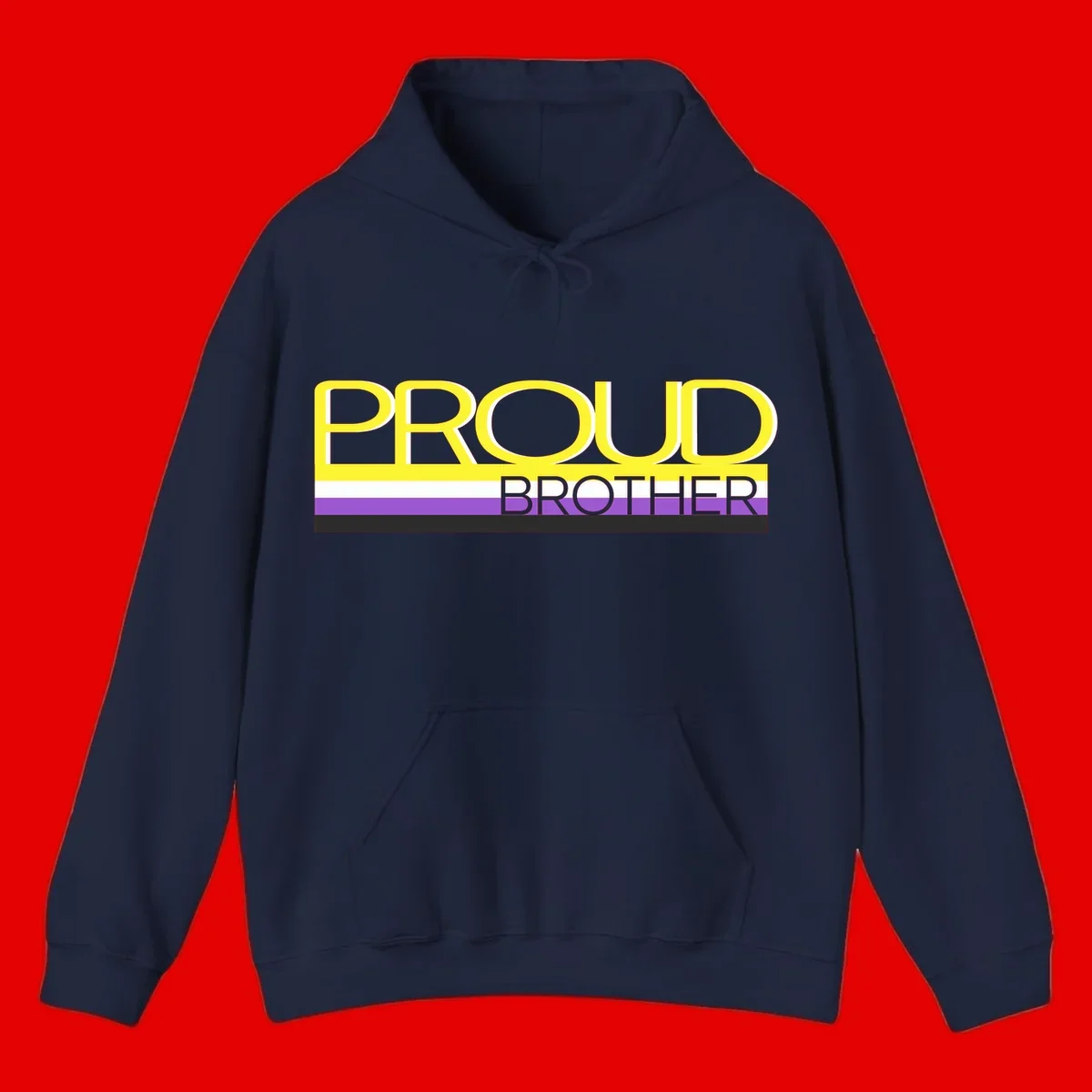 Yellow text reading 'PROUD BROTHER' with horizontal pride flag stripes in white, purple, and black on gray background