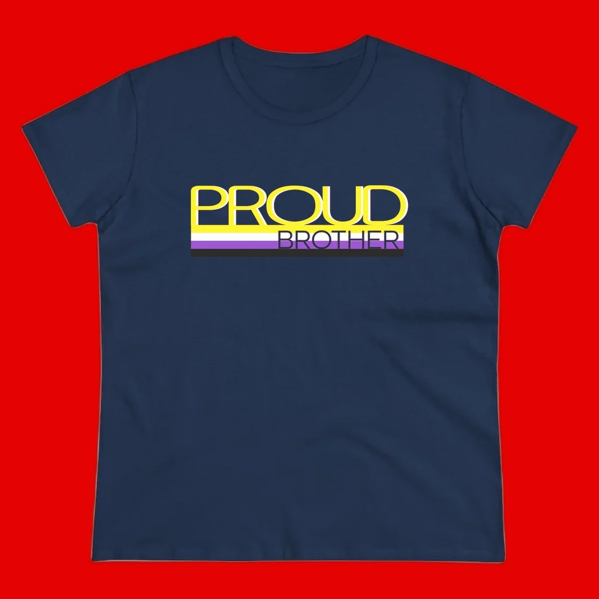 Yellow text reading 'PROUD BROTHER' with horizontal pride flag stripes in white, purple, and black on gray background