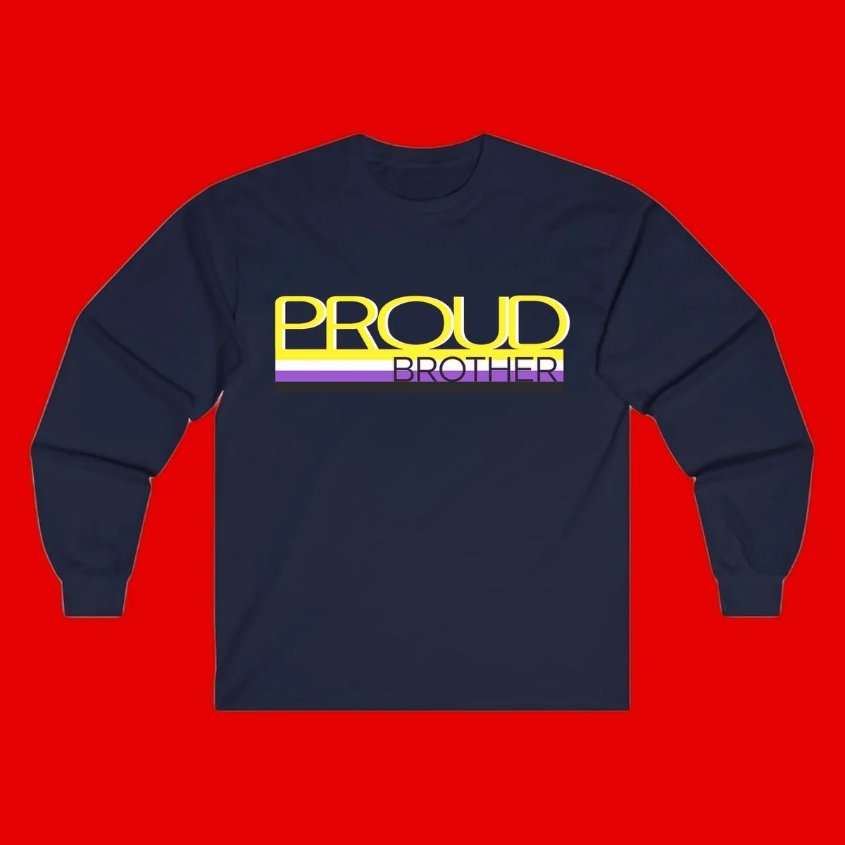 Yellow text reading 'PROUD BROTHER' with horizontal pride flag stripes in white, purple, and black on gray background
