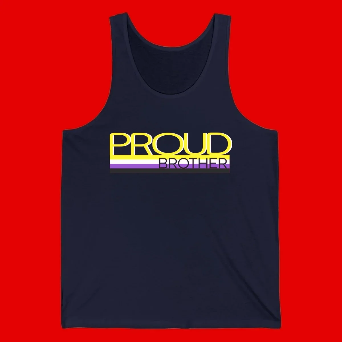 Yellow text reading 'PROUD BROTHER' with horizontal pride flag stripes in white, purple, and black on gray background