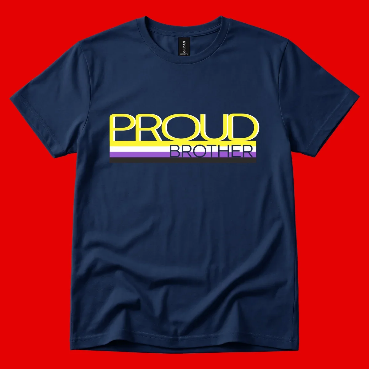 Yellow text reading 'PROUD BROTHER' with horizontal pride flag stripes in white, purple, and black on gray background