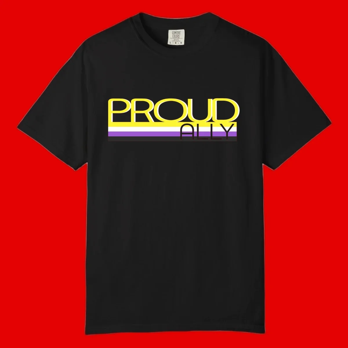 Bold yellow 'PROUD ALLY' text on striped background with purple and white pride flag colors