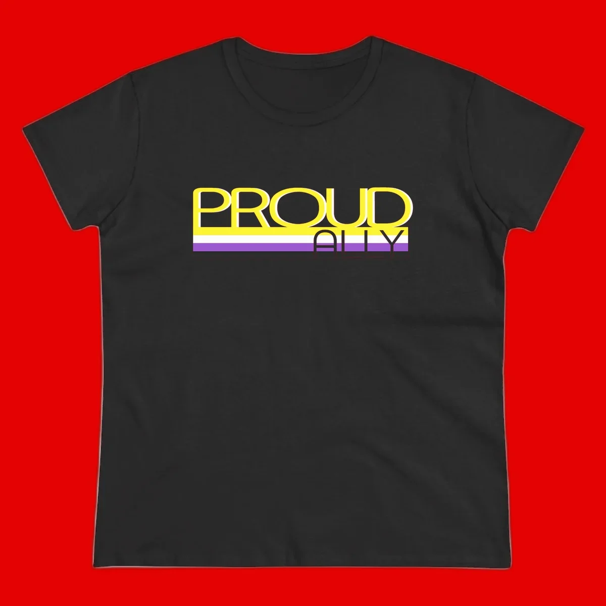 Bold yellow 'PROUD ALLY' text on striped background with purple and white pride flag colors