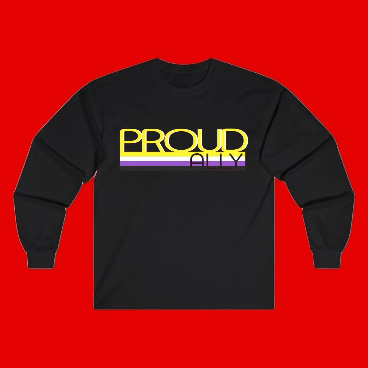 Bold yellow 'PROUD ALLY' text on striped background with purple and white pride flag colors