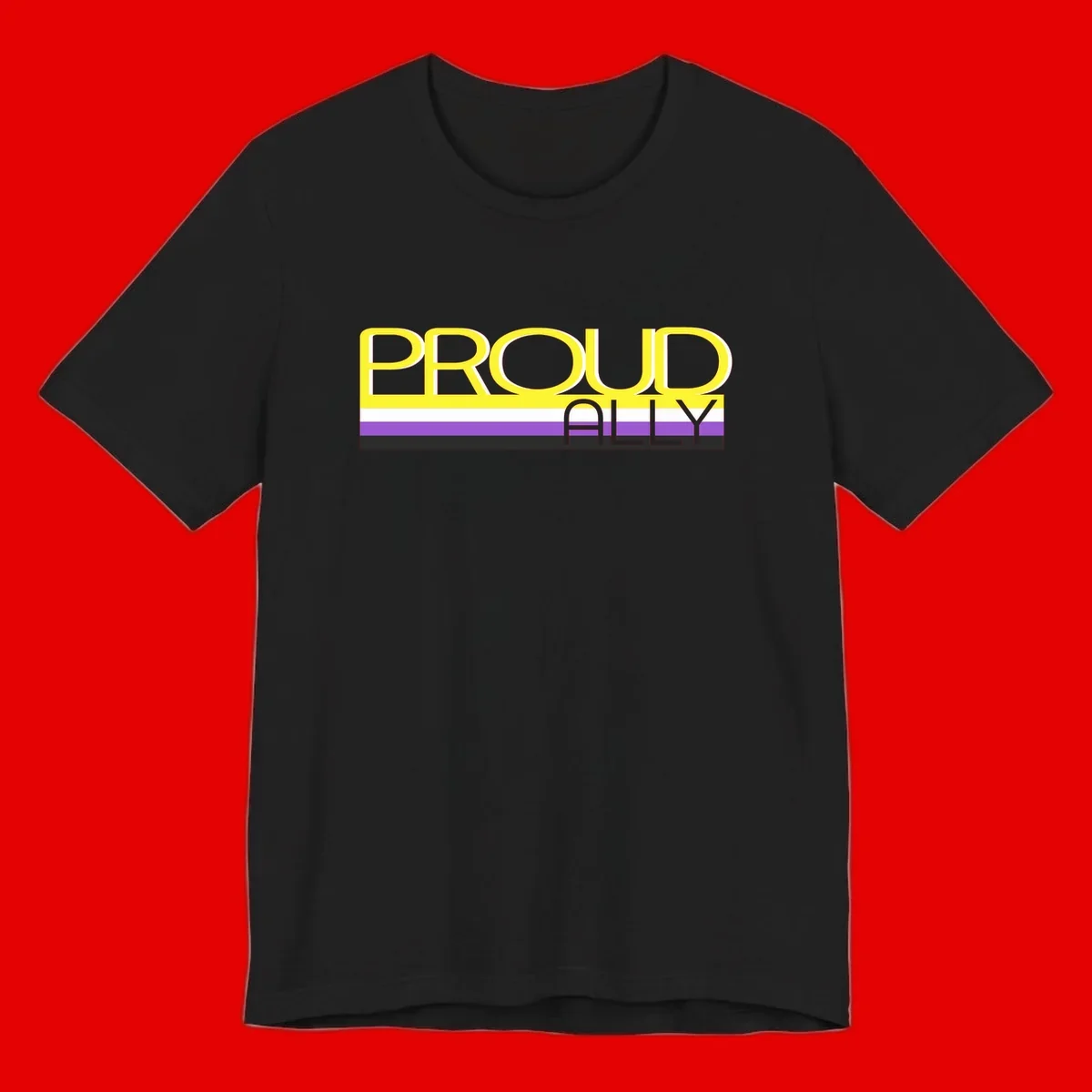 Bold yellow 'PROUD ALLY' text on striped background with purple and white pride flag colors