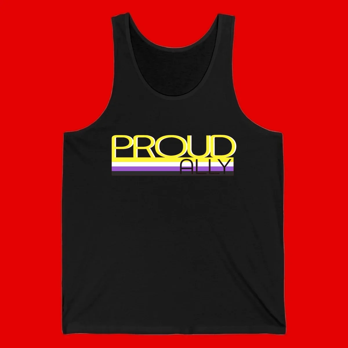 Bold yellow 'PROUD ALLY' text on striped background with purple and white pride flag colors