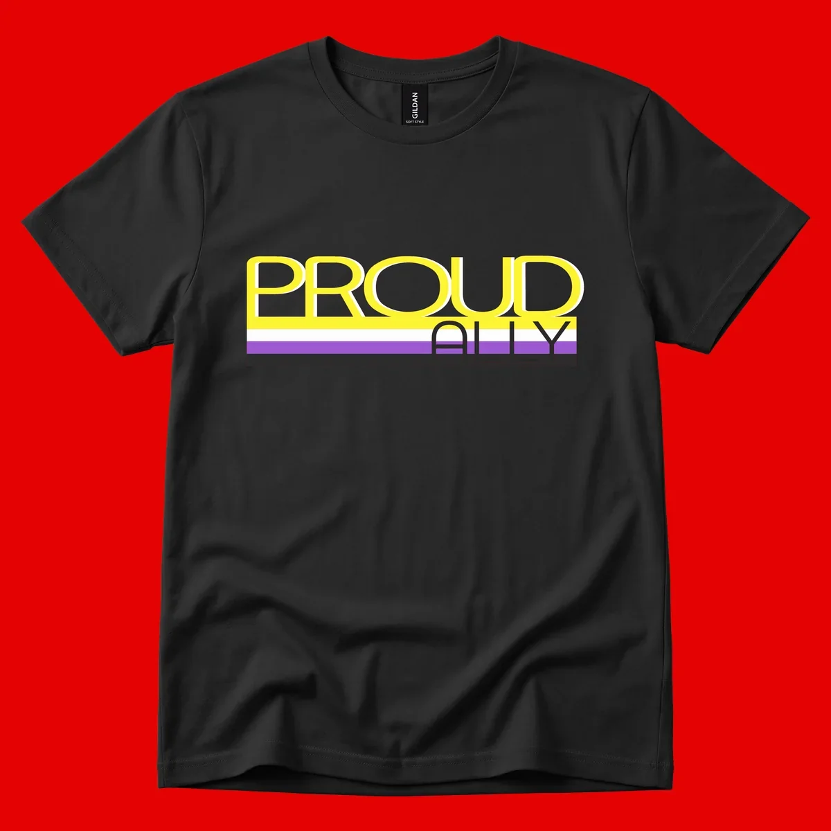 Bold yellow 'PROUD ALLY' text on striped background with purple and white pride flag colors