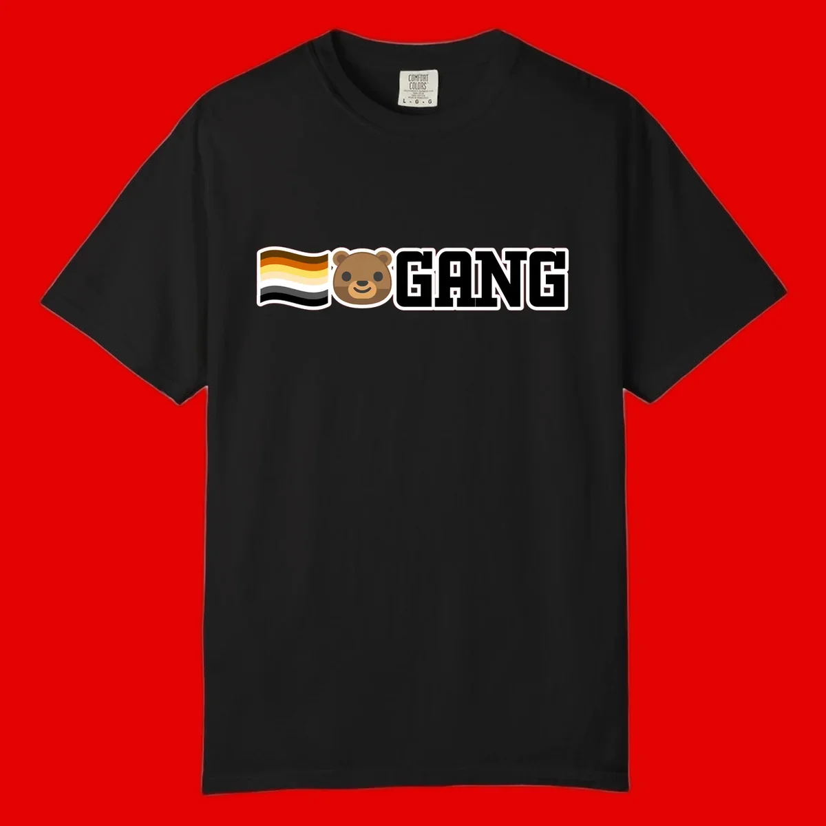Bear gang pride design with smiling brown bear face, bear pride flag stripes, and bold 'GANG' text