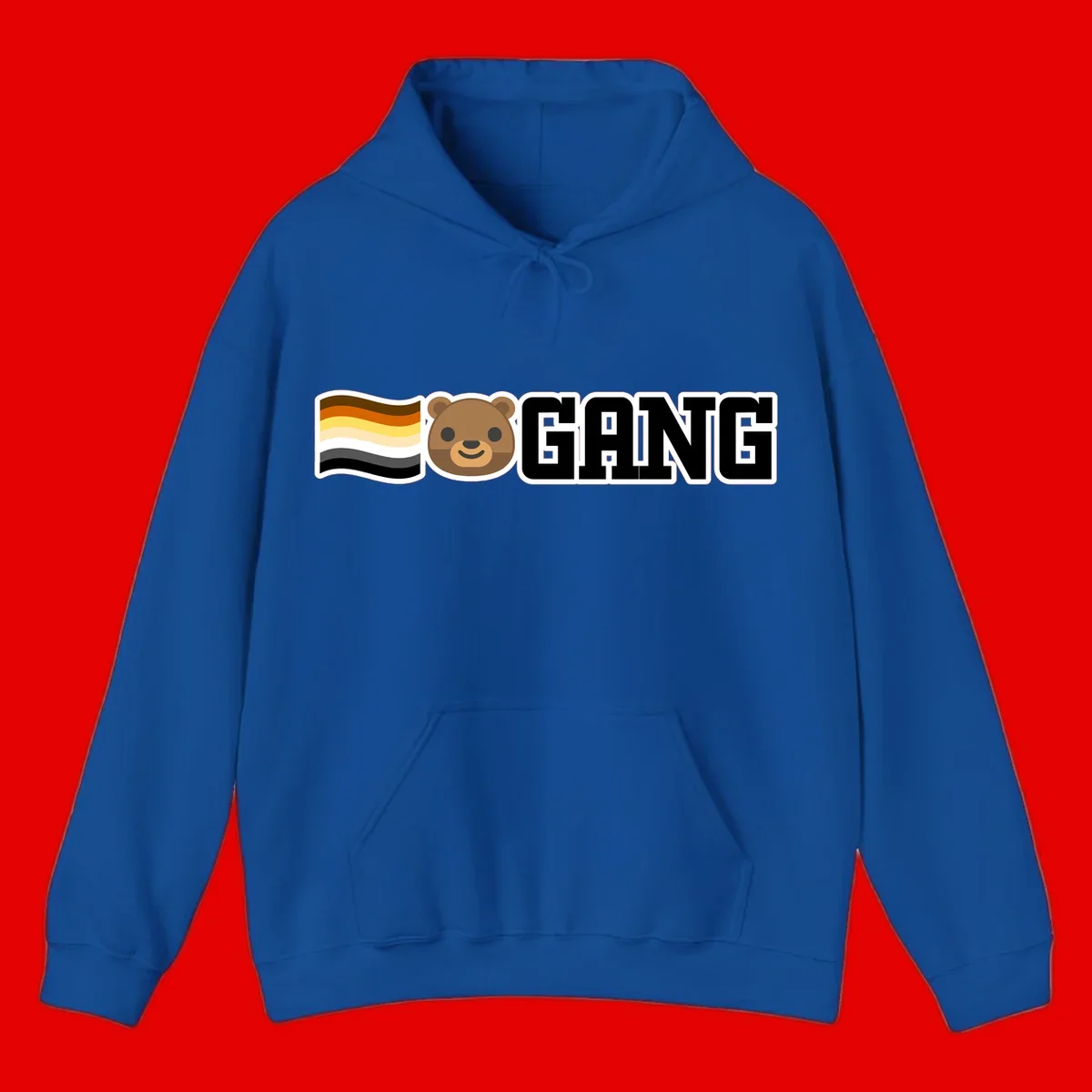 Bear gang pride design with smiling brown bear face, bear pride flag stripes, and bold 'GANG' text