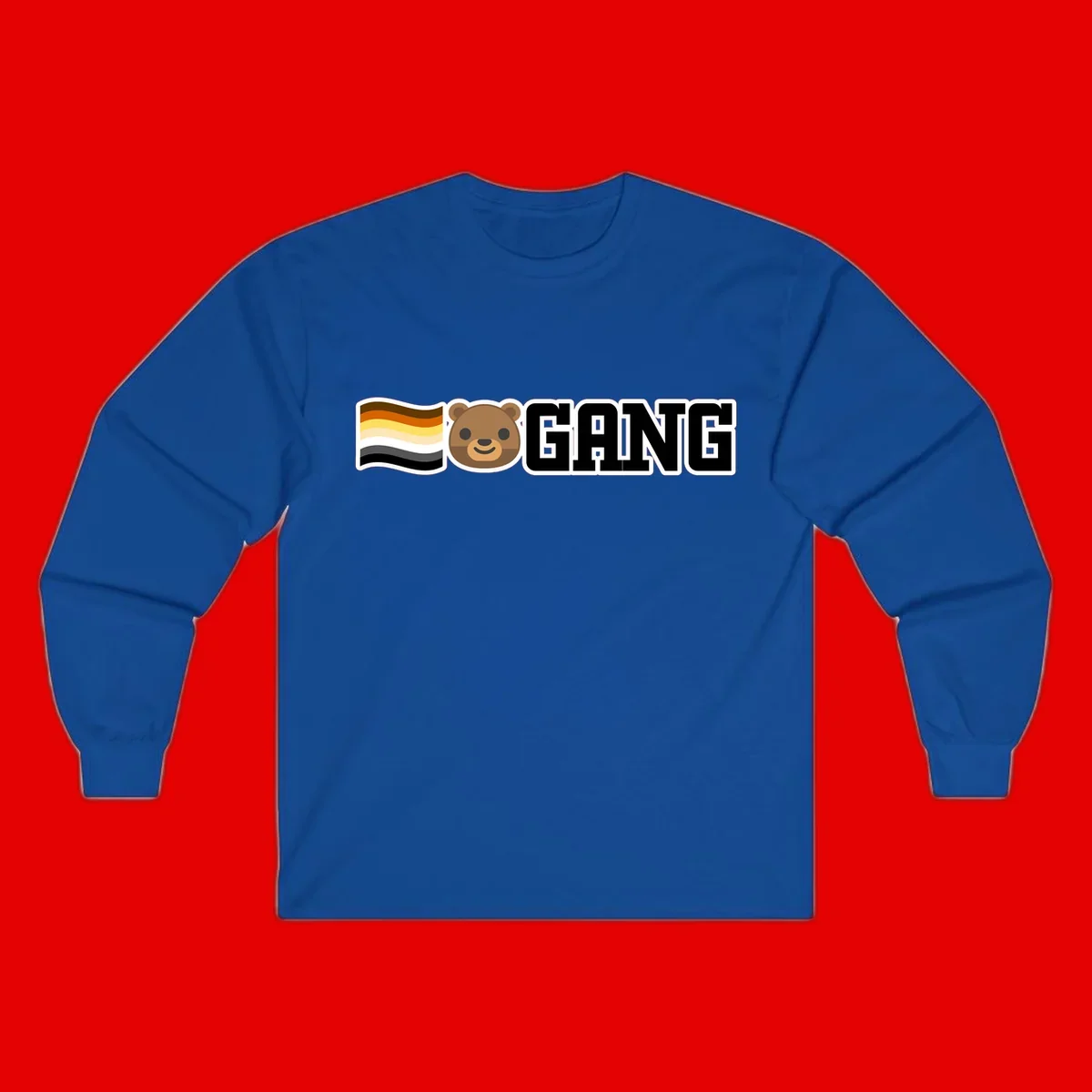 Bear gang pride design with smiling brown bear face, bear pride flag stripes, and bold 'GANG' text