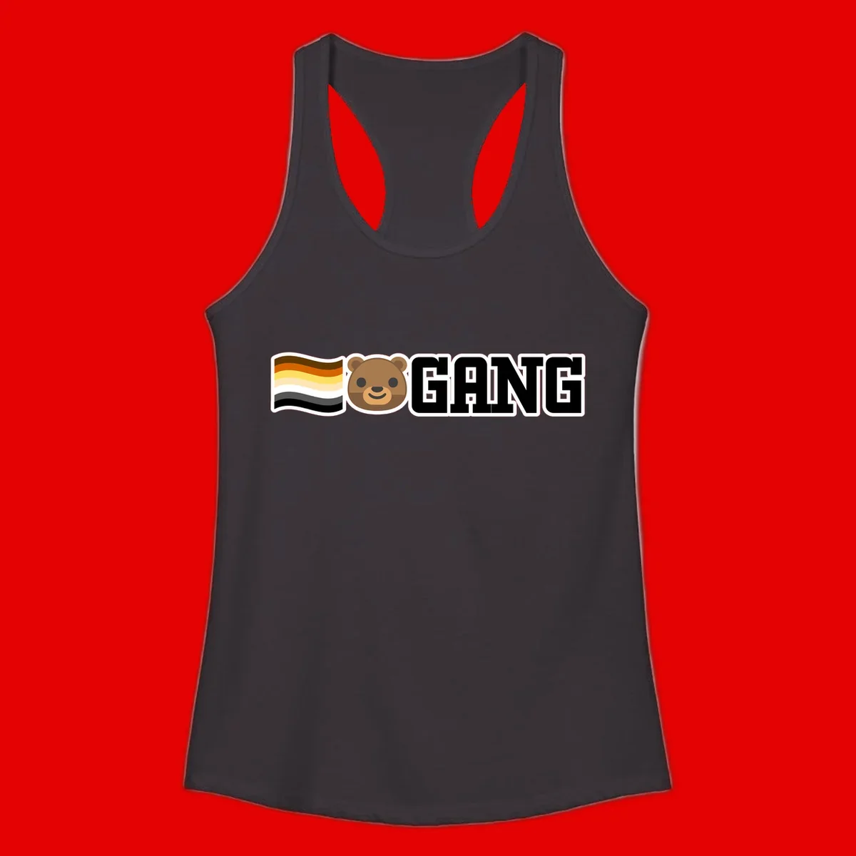 Bear gang pride design with smiling brown bear face, bear pride flag stripes, and bold 'GANG' text
