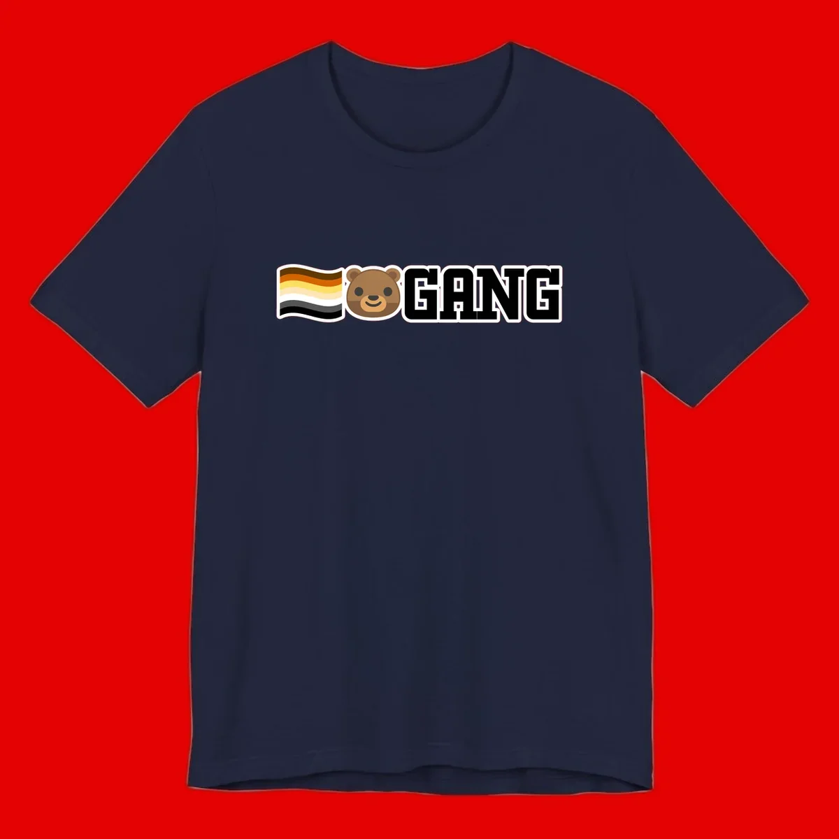 Bear gang pride design with smiling brown bear face, bear pride flag stripes, and bold 'GANG' text