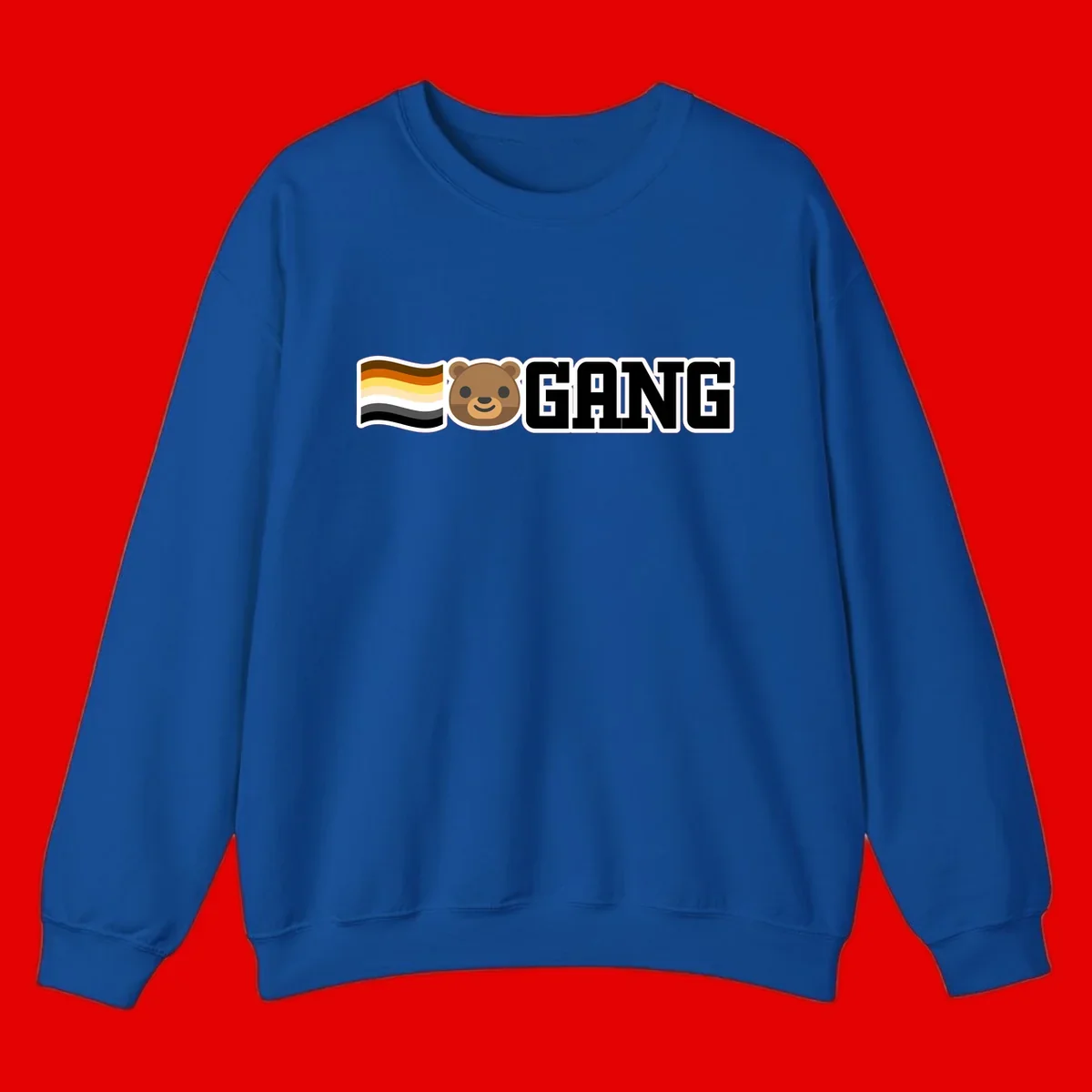 Bear gang pride design with smiling brown bear face, bear pride flag stripes, and bold 'GANG' text