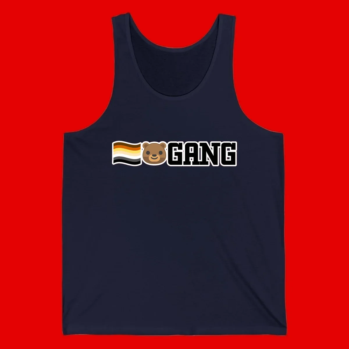 Bear gang pride design with smiling brown bear face, bear pride flag stripes, and bold 'GANG' text