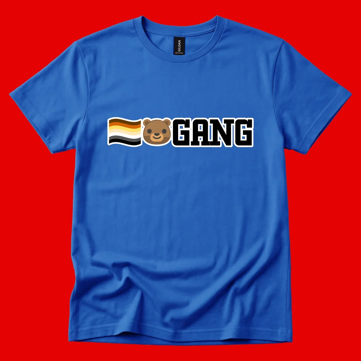 Bear gang pride design with smiling brown bear face, bear pride flag stripes, and bold 'GANG' text