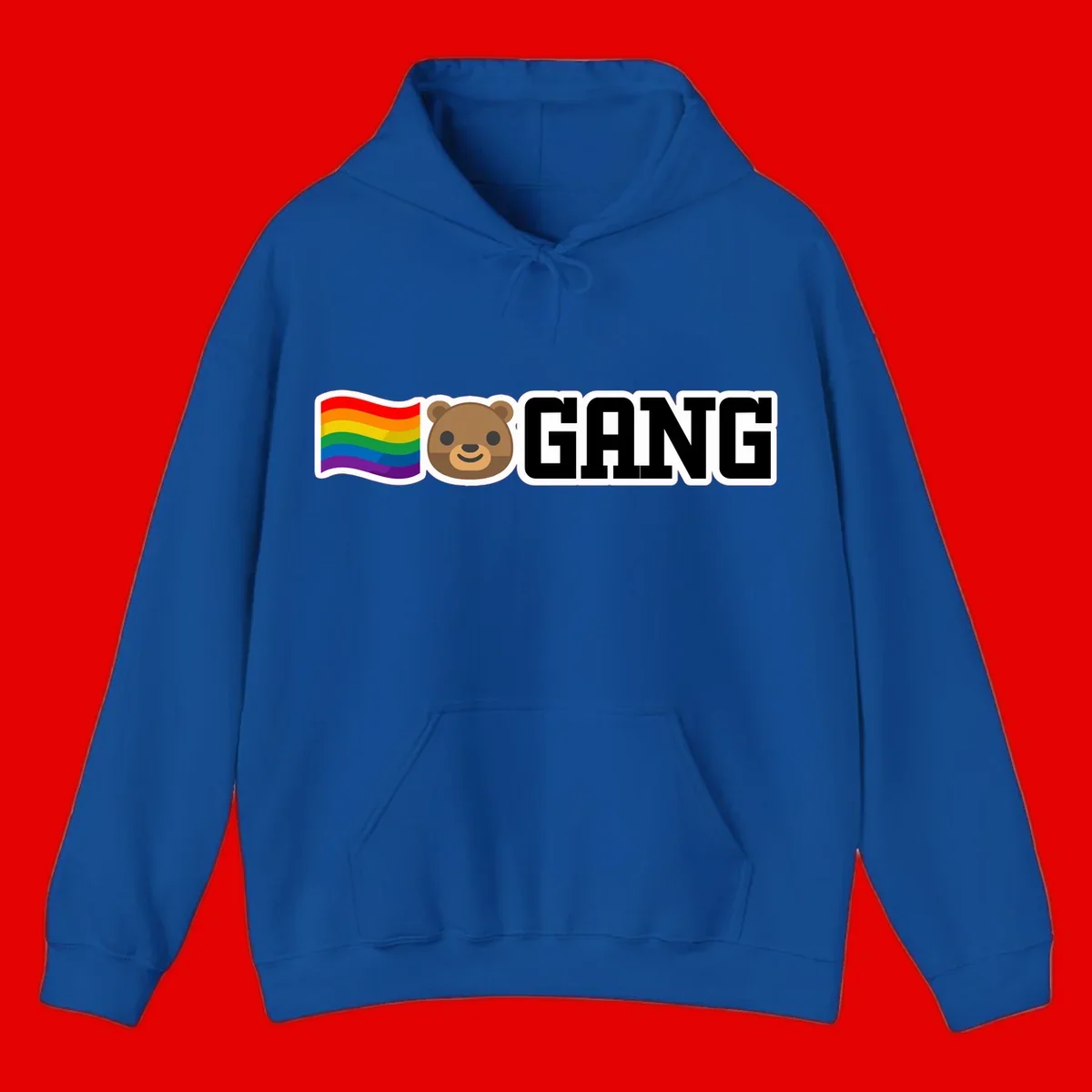 Bear gang pride design with rainbow flag, smiling bear face, and bold GANG text on gray background