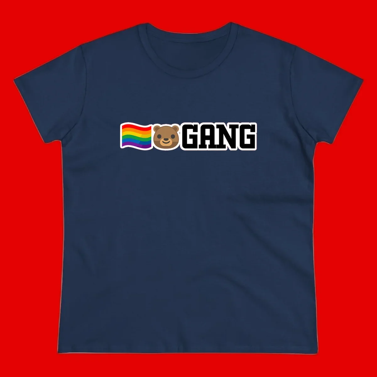 Bear gang pride design with rainbow flag, smiling bear face, and bold GANG text on gray background