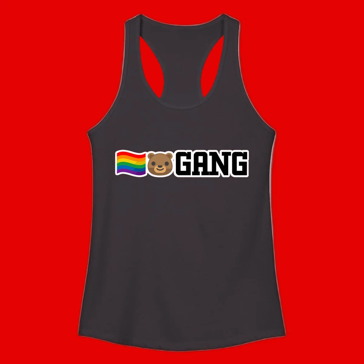 Bear gang pride design with rainbow flag, smiling bear face, and bold GANG text on gray background