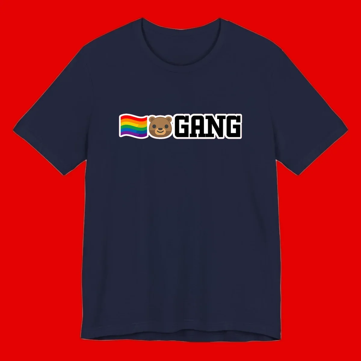 Bear gang pride design with rainbow flag, smiling bear face, and bold GANG text on gray background