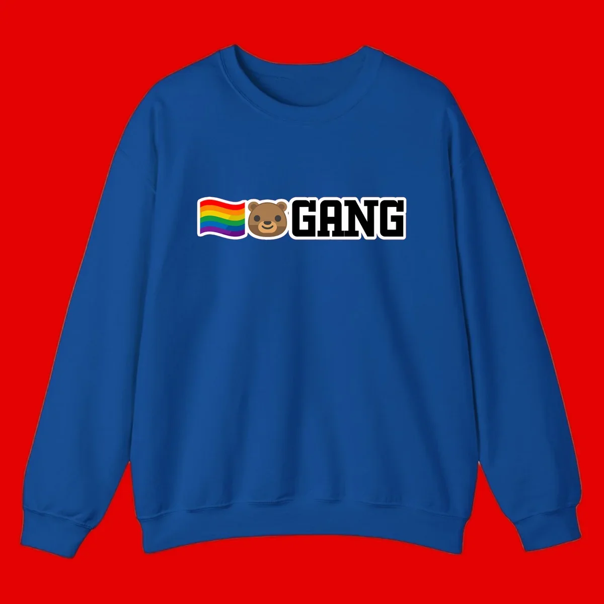Bear gang pride design with rainbow flag, smiling bear face, and bold GANG text on gray background