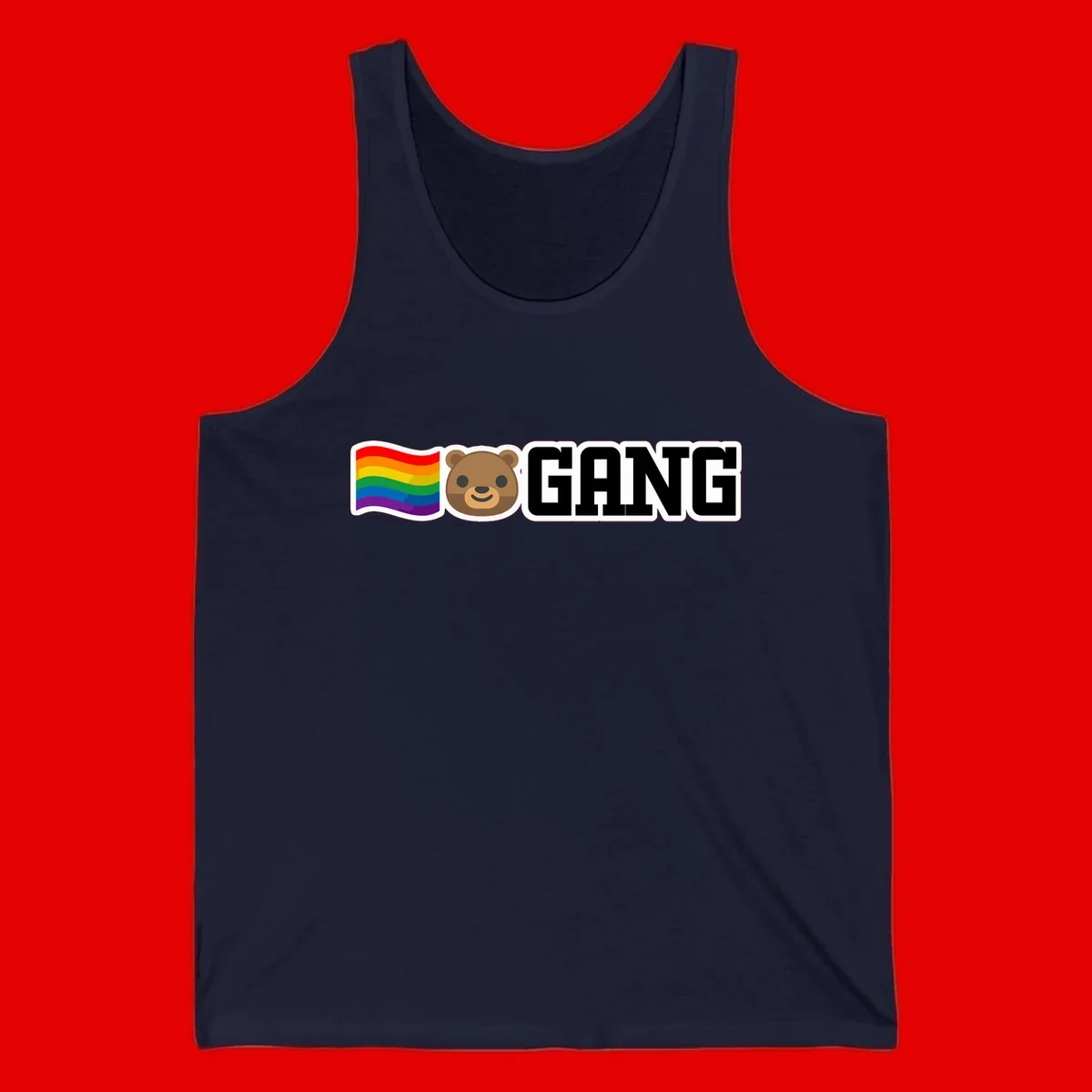 Bear gang pride design with rainbow flag, smiling bear face, and bold GANG text on gray background