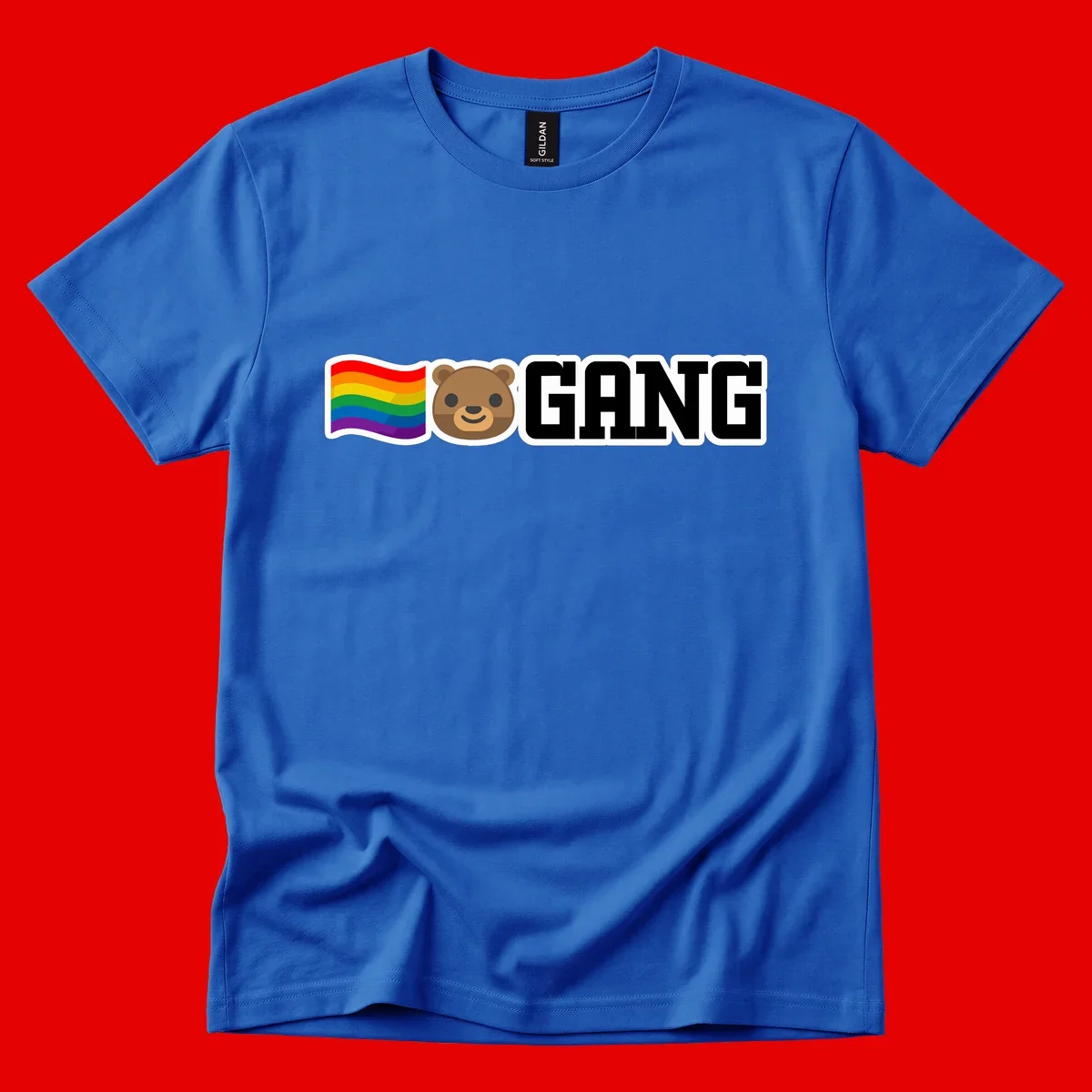Bear gang pride design with rainbow flag, smiling bear face, and bold GANG text on gray background