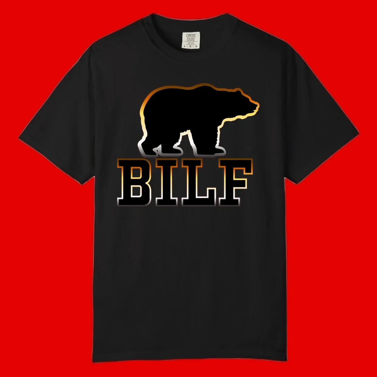 Black bear silhouette with golden outline above the word BITE in bold lettering on gray background