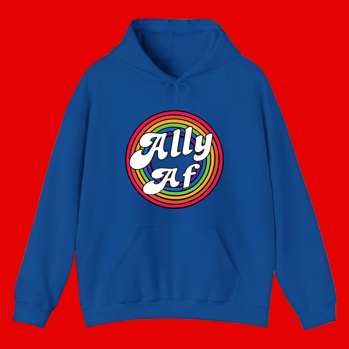 Ally AF pride design with white text surrounded by concentric rainbow circles in full spectrum colors