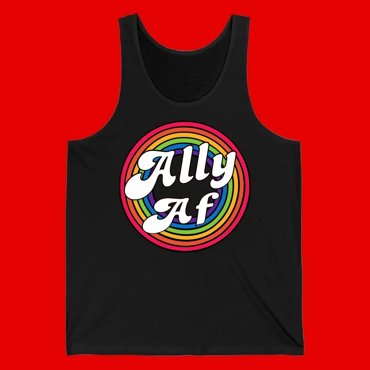 Ally AF pride design with white text surrounded by concentric rainbow circles in full spectrum colors