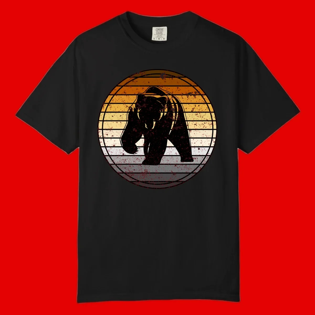 Retro bear sunset design with horizontal gradient stripes in orange, yellow, and cream tones on distressed background