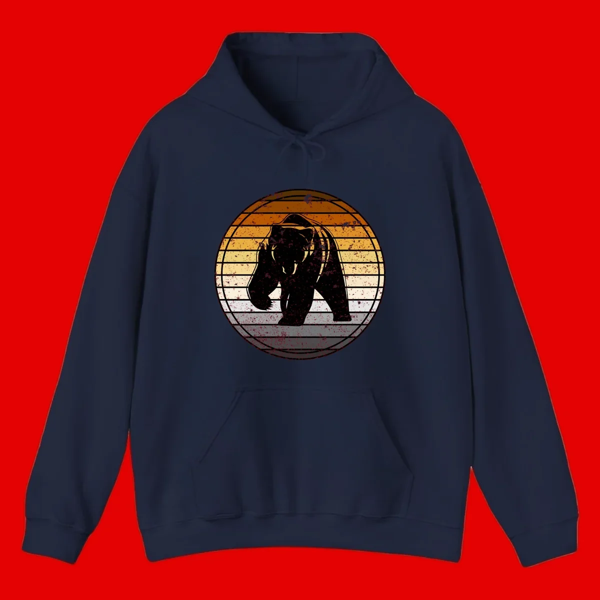 Retro bear sunset design with horizontal gradient stripes in orange, yellow, and cream tones on distressed background