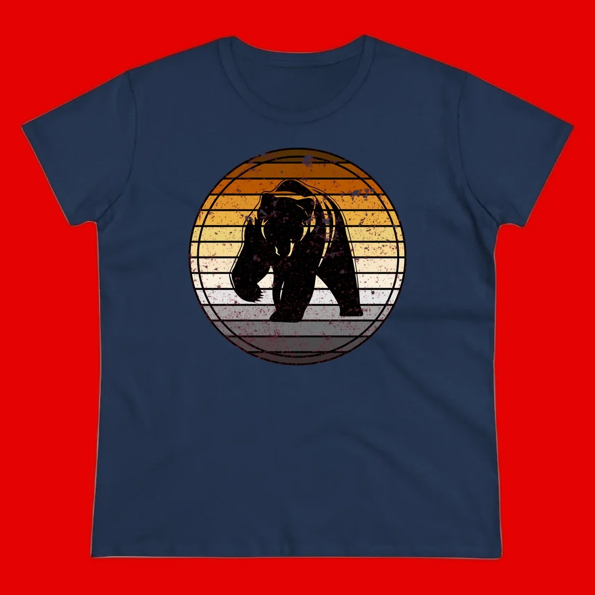 Retro bear sunset design with horizontal gradient stripes in orange, yellow, and cream tones on distressed background