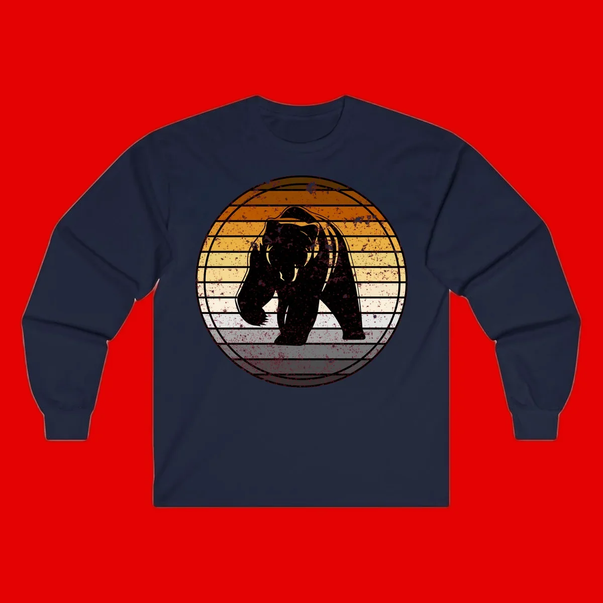 Retro bear sunset design with horizontal gradient stripes in orange, yellow, and cream tones on distressed background