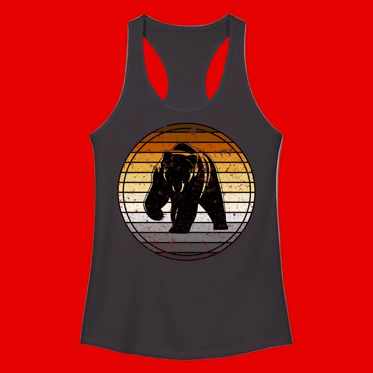 Retro bear sunset design with horizontal gradient stripes in orange, yellow, and cream tones on distressed background
